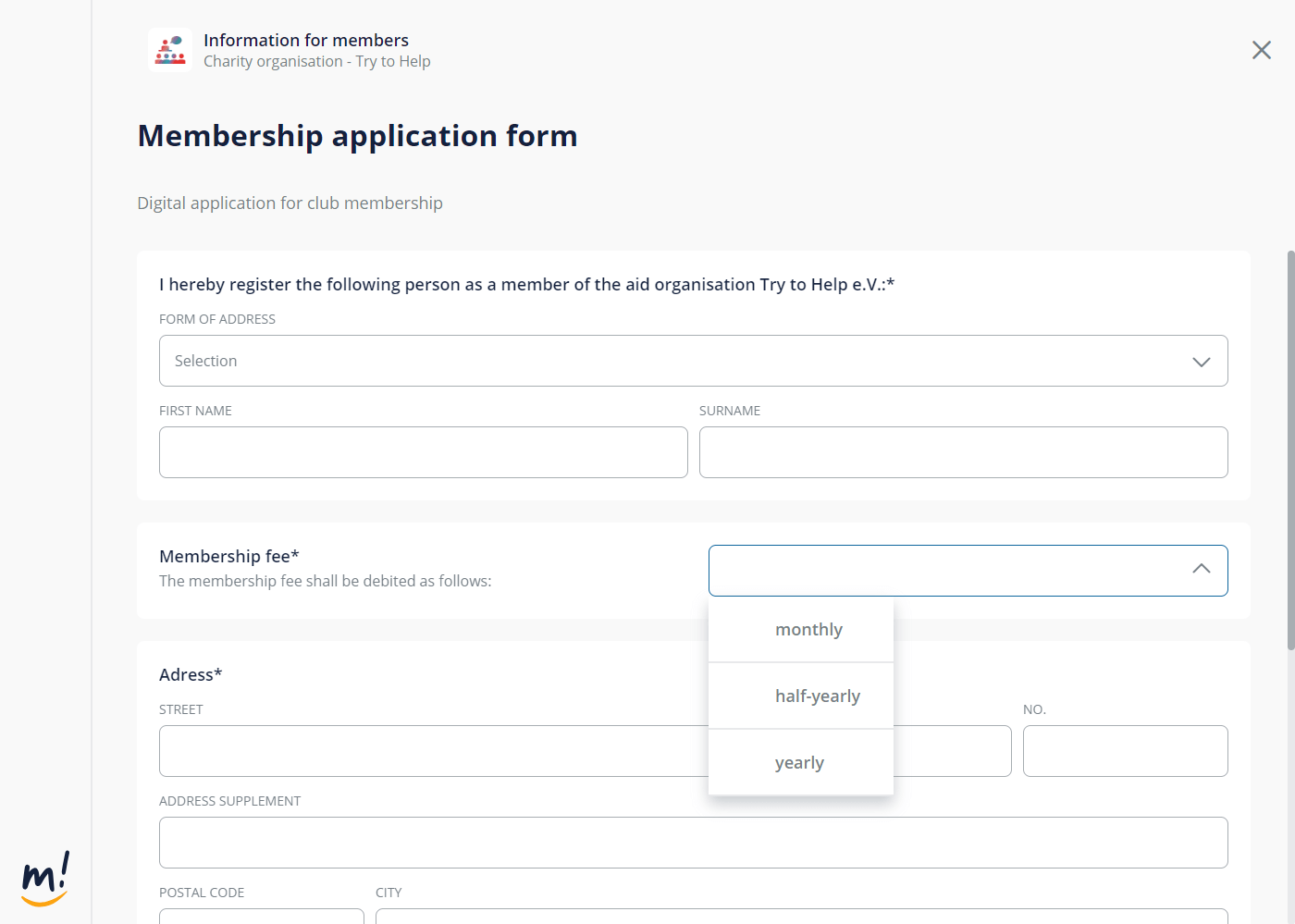 Form tool for membership applications