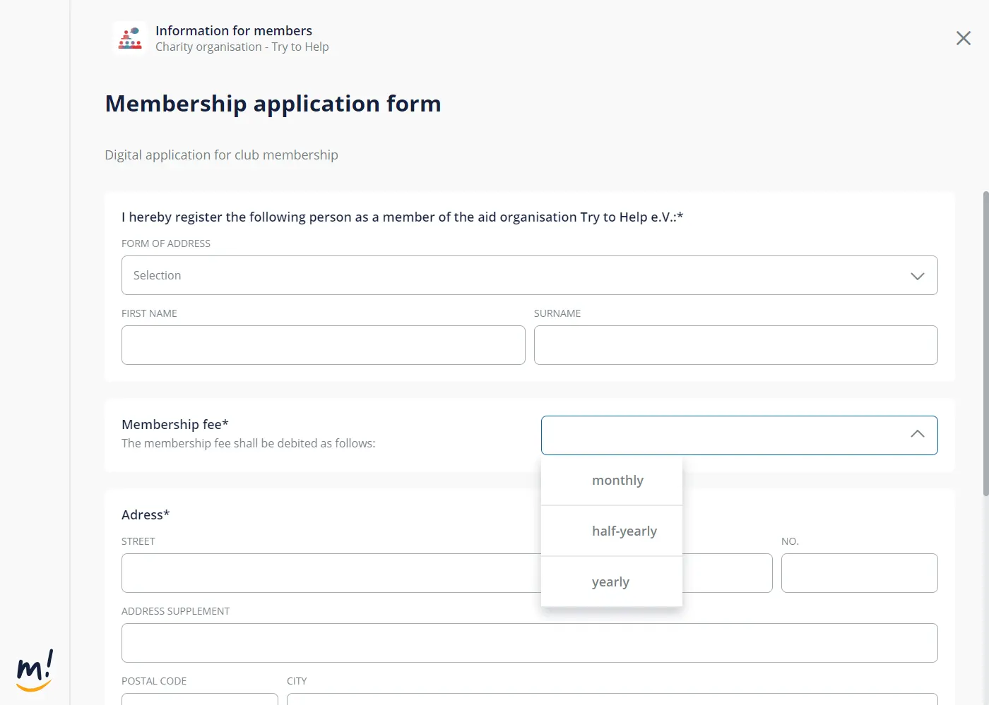 Form tool for membership applications
